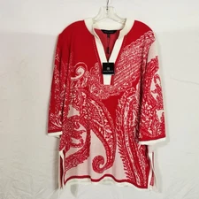 Ming Wang Sweater Womens XL Red White Tunic Knit Paisley Split Neck Top