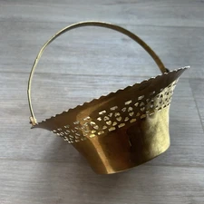 Vintage 8” Brass Basket With Handle And Cut Outs Ornate Patina