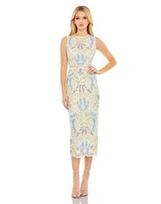 Mac Duggal Ivory Multi Sleeveless Embellished Midi Sheath Dress Size 8 598