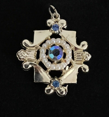 Vintage Rhinestone & Seed Faux Pearl Pendant Signed BJ Square Gold Tone