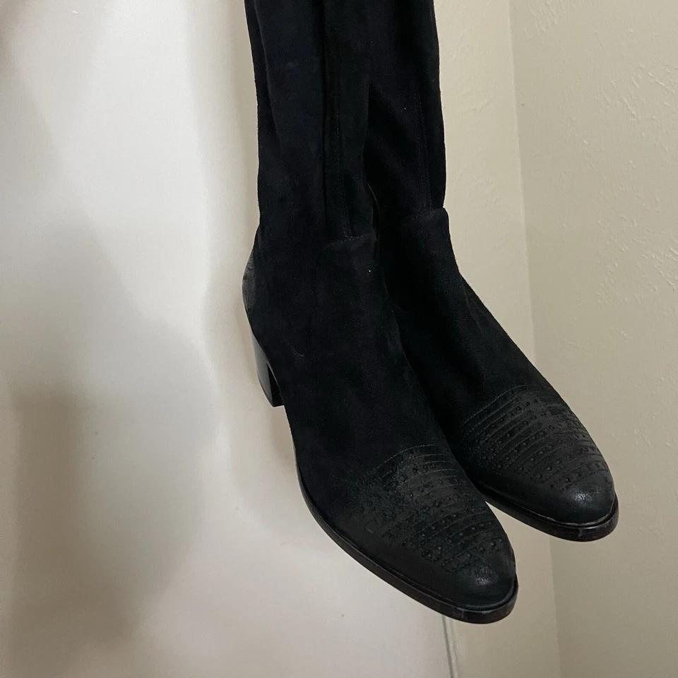 PRADA Negro Gamuza Cuero Western Tacón Medio Pantorrilla Bota Talla 35.5 EE. UU. 5.5 Foto 2 de 4