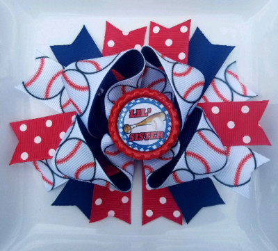 Lil' Sister Baseball Bow Red White Blue Bottle Cap Hair Bow 5''
