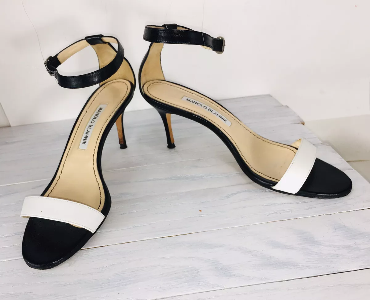 Authentic Manolo Blahnik Black & White Leather Chaos Ankle Strap