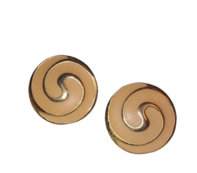 Vintage Earrings Enamel Goldtone Round Swirl Peach Fleshtone Pierced Retro 80s