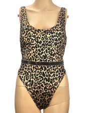  80 VICTORIAS SECRET SHINE STRAP PLUNGE ONE PIECE SWIM SUIT LEOPARD MEDIUM NWT