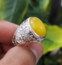 Natural Yellow Agate Ring Original Aqeq Stone Big Agate Engraved Ring Silver 925