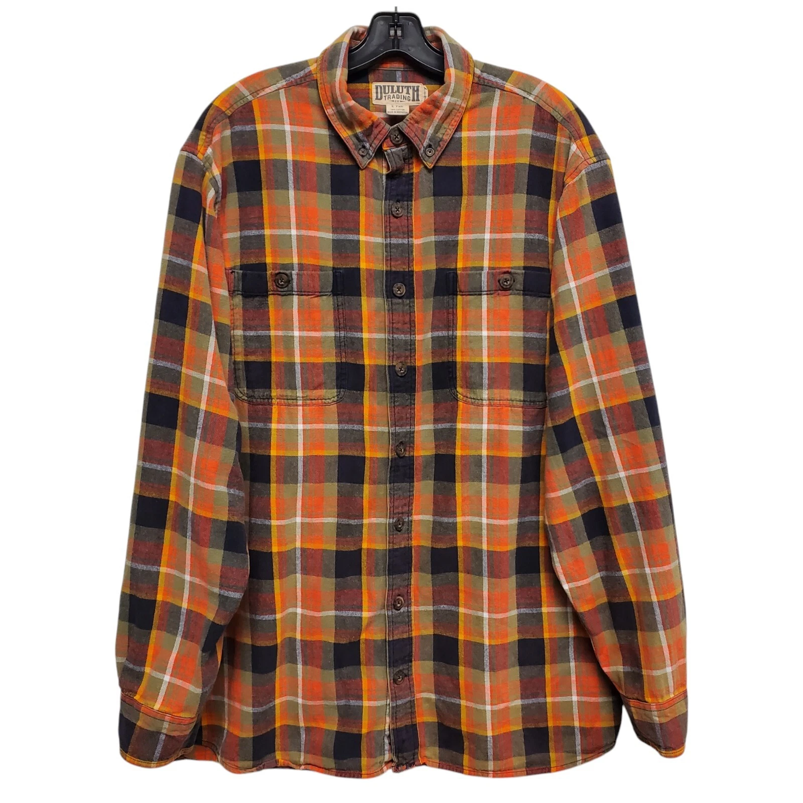 DULUTH TRADING CO Shirt Adult Large TALL Orange Flannel Plaid Button Up Outdoor