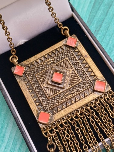 Urban Outfitters Gold & Orange Enamle Aztec/Bohemian Pendant Necklace - Picture 3 of 11