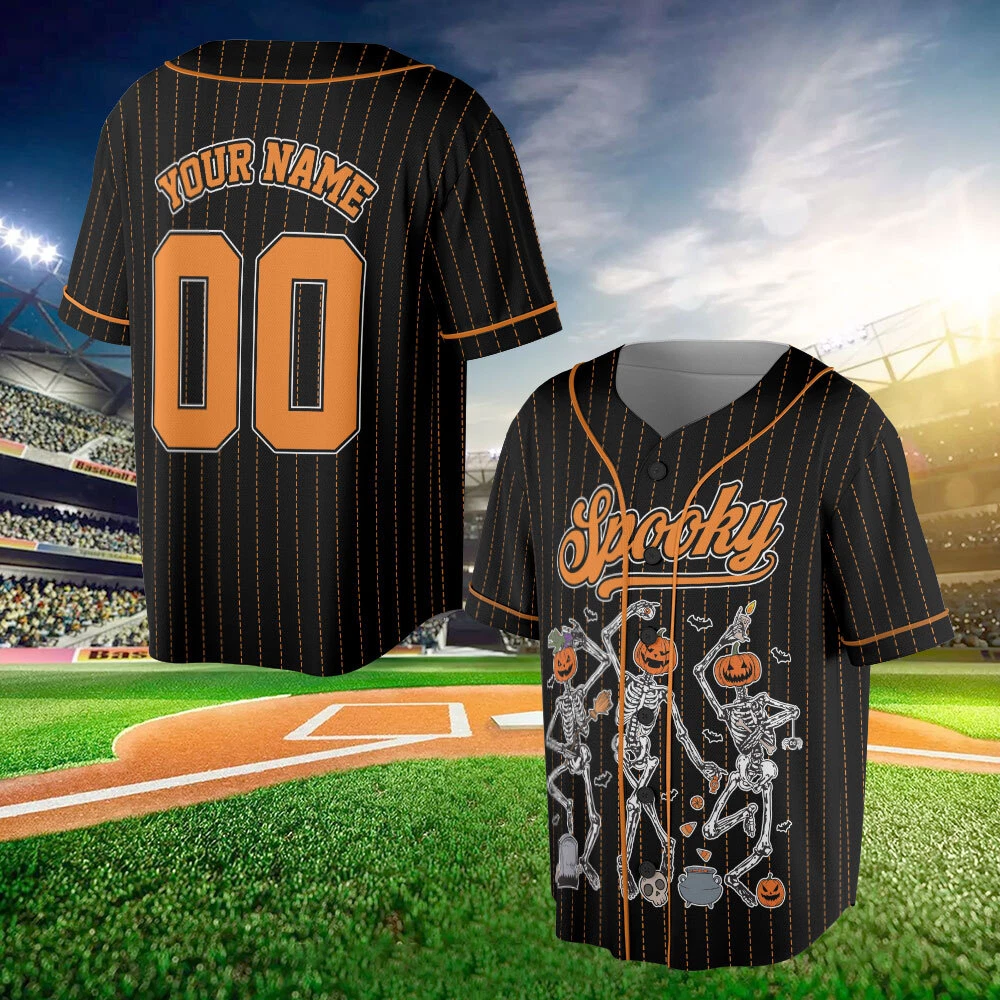 Personalized Dancing Skeleton Baseball Jersey, Spooky Season Jersey Pumpkin Men