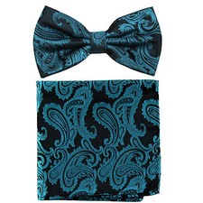 New Brand Q men's pre-tied bow tie  hankie paisley microfiber formal black teal