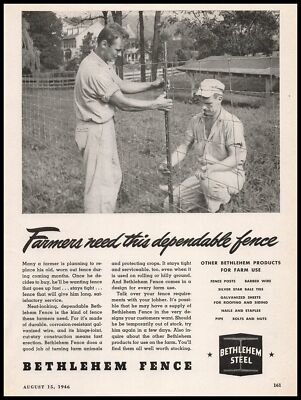 #ad 1946 Bethlehem Steel Fencing Pennsylvania Photo Farmers Fixing A Fence Print Ad $8.80