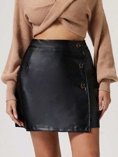 Black Faux Leather Buttoned High Rise Mini Skirt