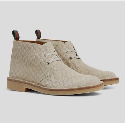 Authentic Gucci GG Monogram Beige Suede Ankle Boots 831283 Men's 10 US 10.5 NEW