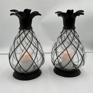 Indoor/Outdoor Glass Pineapple Hurricane Lanterns Set Of 2 W/Flameless Candle 