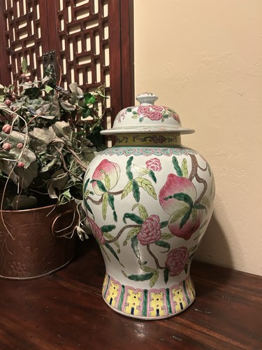 17"  Porcelain Ginger Jar/Temple Jar w/ Lid~Longevity Peach Famille Rose~11 Lbs