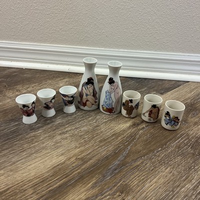 Vintage Japanese Erotic Shunga Sake Set Porcelain 8 Piece Cups Bottles