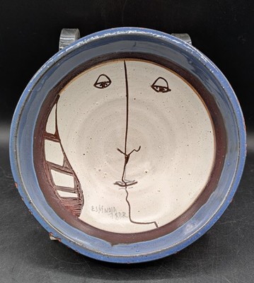 Susana Espinosa 1978 P.R. Face Portrait Hanging Bowl, Blue Rimmed Redware, AS IS
