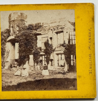Hurstmonceaux Castle, the Chapel Window Ruins with Women in Garden Stereoview