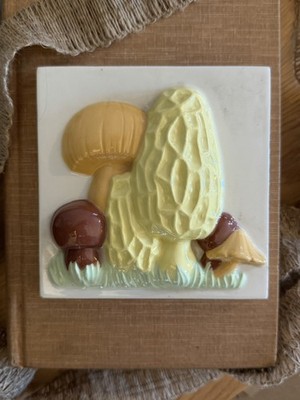 Retro MCM Mushroom Design Plaque Square Tile 3D 1970's Hand Painted Boho 5 Inch