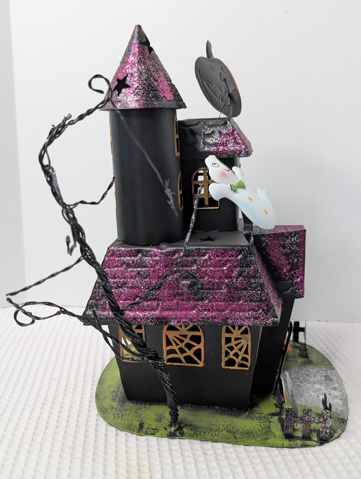 Vtg Metal Halloween Scary House Tea Light Candle Holder Kohl's Glitter Ghost