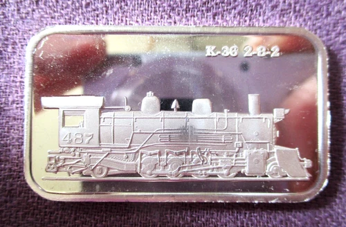 Train  K-36 2-8-2 w/Spanish Reverse  Ultra Rare  1 Troy Oz. .999 Fine Silver Bar