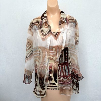 Nicola Womens Sheer Button Up Tank Top Set Large Artsy Maximalist Statement