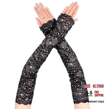 Fingerless Gloves Rhinestone Lace Gloves Women Long Gloves Women Black