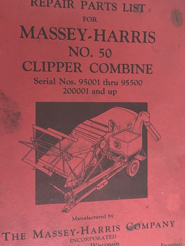 Massey Harris Clipper #50 Combine Parts Book