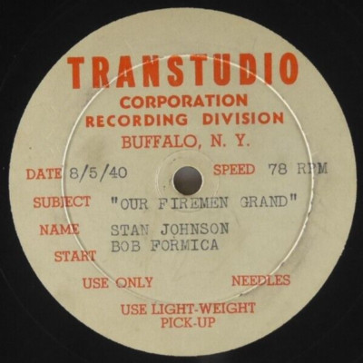 BUFFALO NEW YORK 1940 Transtudio Record BOB FORMICA STAN JOHNSON 10'' 78 RARE NY