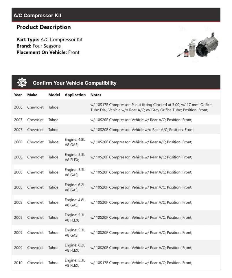 For 2006-2010 Chevrolet Tahoe A/C Compressor Kit Front 4 Seasons 2007 2008 2009 - Image 2 of 4