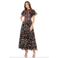 MAC DUGGAL Floral Embroidered Butterfly Tea Length A Line Dress In Black Multico