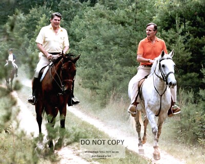 RONALD REAGAN & GEORGE H.W. BUSH ON HORSES AT CAMP DAVID - 8X10 PHOTO (EE-052)