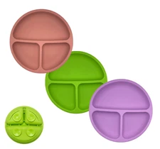 USA Food Grade Silicone Baby/Toddler Suction Plates with Plastic Lids, 3 Pack