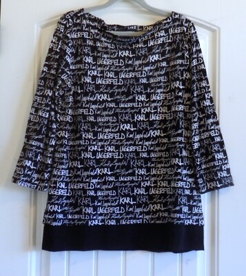 Karl Lagerfeld Paris Women's Black 3/4 Sleeve Blouse Written Name Tunic Top SZ S