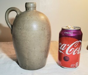 ANTIQUE CIVIL WAR ERA GREY GLAZED STONEWARE JUG WITH HANDLE RARE SMALL SIZE NICE