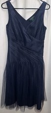 LAUREN RALPH LAUREN Sz 6 SHIRRED TULLE FIT  FLARE SLEEVELESS DRESS NAVY EVENING