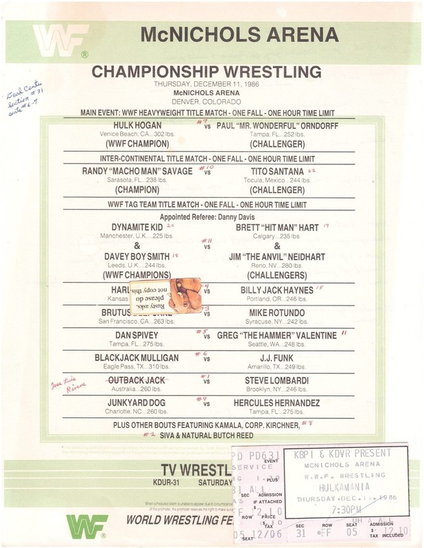 Duck WF Wrestling Program Lineup Denver W/ TICKETSTUB Hulk Hogan