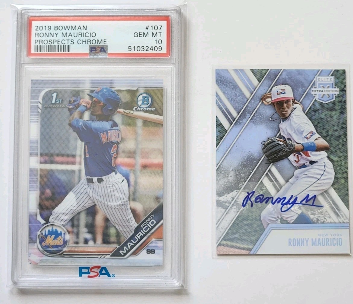 2019 Bowman Chrome 107 Ronny Mauricio PSA 10 + 2017 Elite Extra Edition 135 Auto