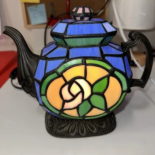 Vintage Tiffany Style Floral Stained Glass Tea Pot Table Lamp By Cheyenne Decor