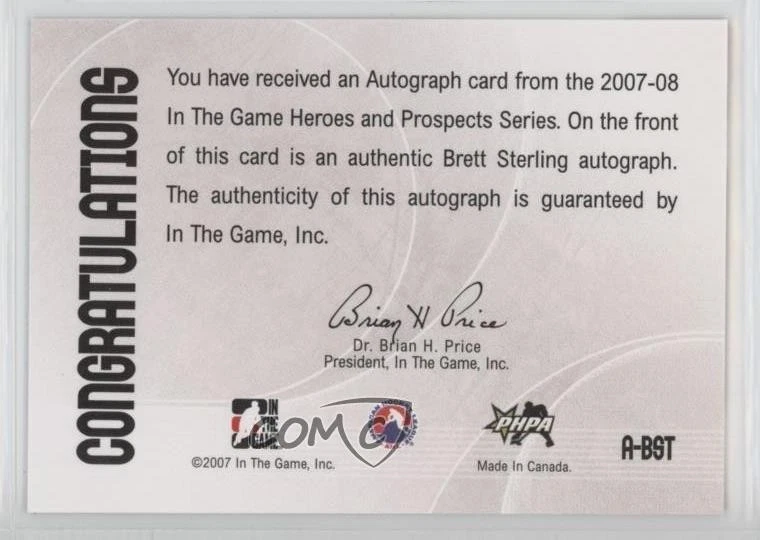2007-08 ITG Heroes and Prospects Auto Brett Sterling #A-BST Rookie Auto RC - Image 2 of 2