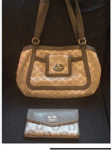 Coach Gray Signature Handbag Purse with Leather Trim and Large Wallet