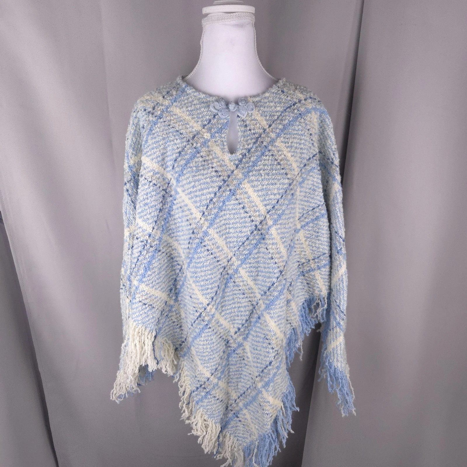 Boyne Valley Weavers Kimono Poncho Womens One Size Blue Fringe Made In Ireland