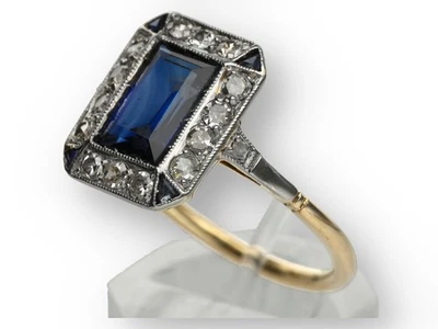 Synthetisch hergestellter Saphir Diamant Damen Ring in 750 Gelbgold platiniert - Bild 1 von 4