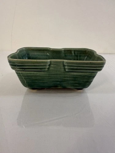 Vintage McCoy Rectangular Planter Art Pottery Green Glaze Striped 6.5”x 2.5”