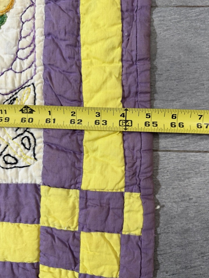 VTG Handmade Pansy Appliqué Checkered Purple Yellow Art Quilt 65”x84 ...