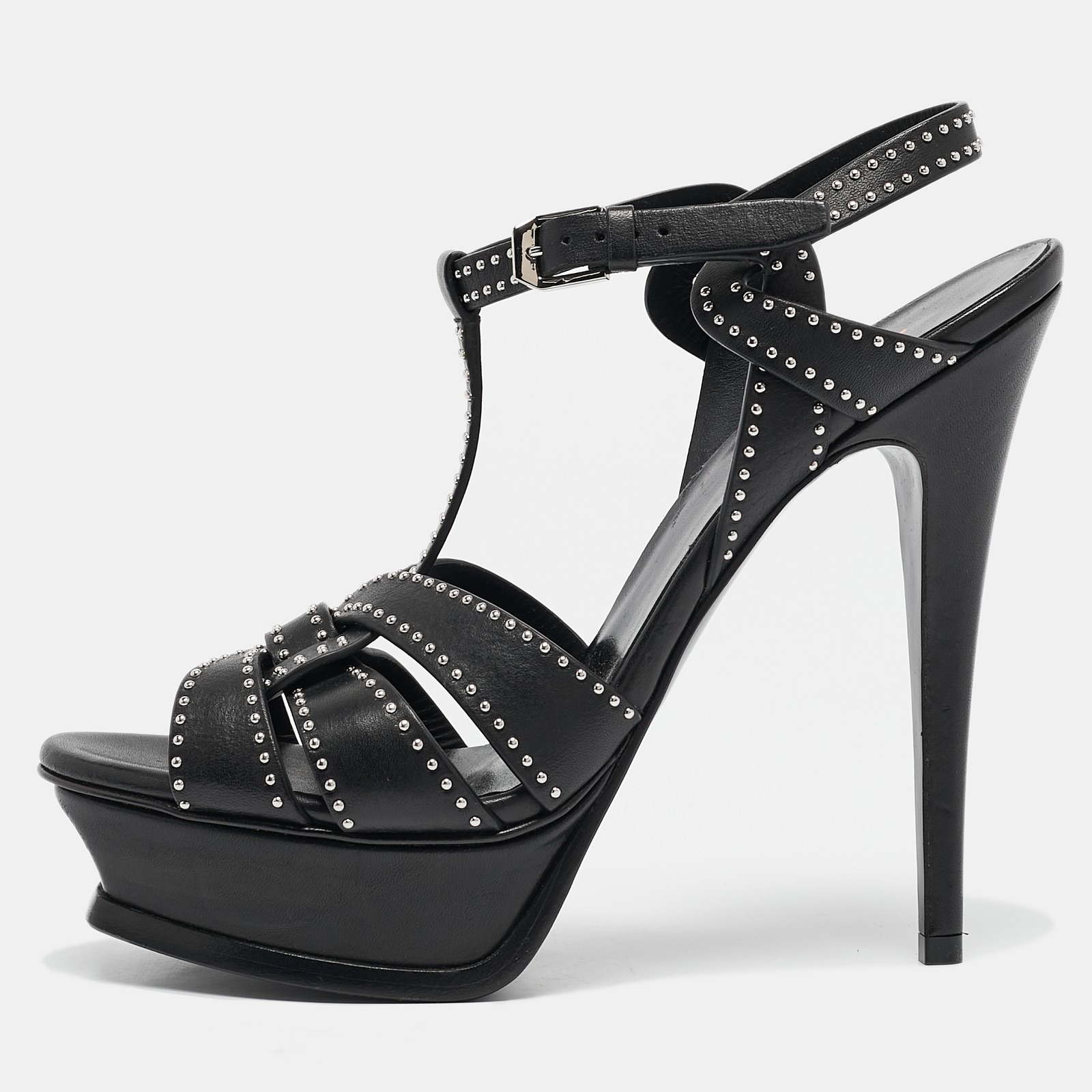 Saint Laurent Black Studded Leather Tribute Platform Sandals Size 38.5 EU