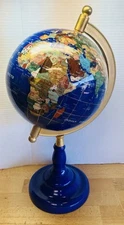 19” Blue Lapis Semi-Previous Gem Stone Globe In Stand, Art Deco, Desk Decor