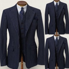 Striped 3Pcs Men's Suits Business Navy Formal Tuxedos Slim Coat Dinner Jackets