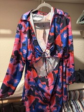 NASTY GAL Plus Size Abstract Cut Out Midi Dress Satin Long Sleeve Multicolor