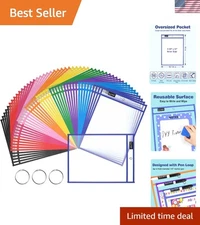 50 Oversized Reusable Dry Erase Pocket Sleeves - Vibrant Colors for Classrooms
